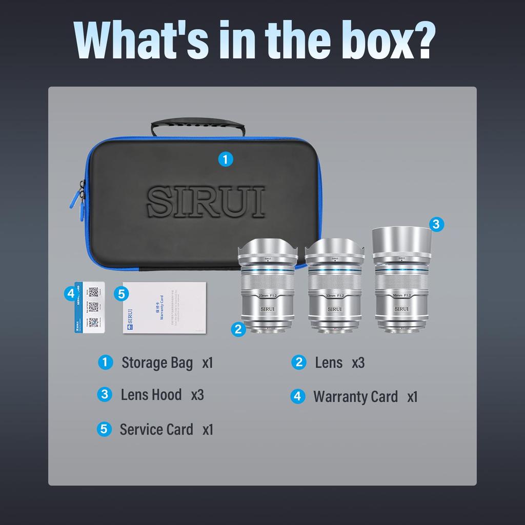 SIRUI Sniper Auto Focus Lens Wide Angle Camera Lens A5 A6 A7 FX A9 Series Set, 23mm, 33mm, 56mm, F1.2 APS-C ZV-E (E Mount, Silver)