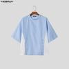 INCERUN Two Pieces Summer Men O Neck Striped Hollow Patchwork Short Sleeve Tops and Shorts Sets
