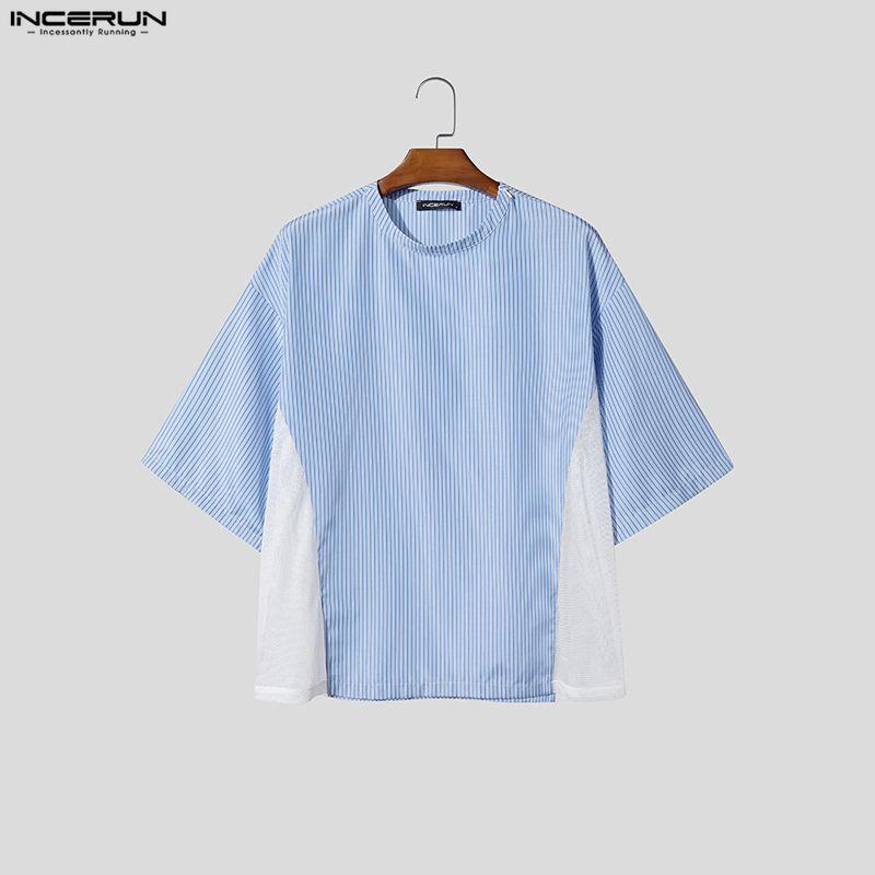 INCERUN Two Pieces Summer Men O Neck Striped Hollow Patchwork Short Sleeve Tops and Shorts Sets
