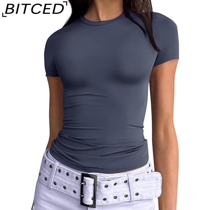 BITCED Damska koszulka z długim rękawem na lato: Stylowe topy z dekoltem O, dopasowane, do noszenia jako warstwa zewnętrzna