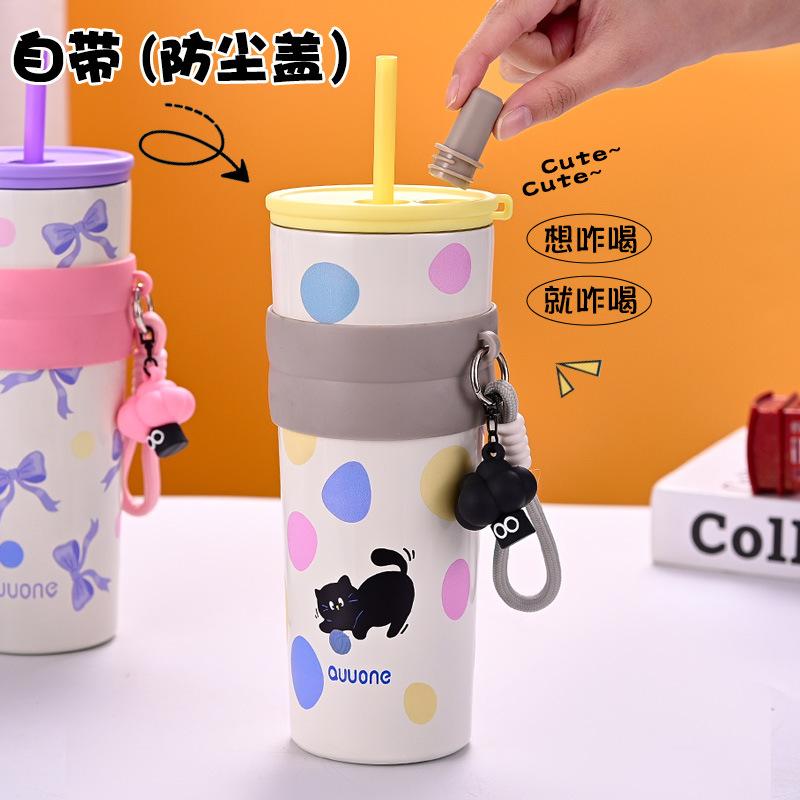 Water bottle Bingba cup Stainless steel thermos cup High value women's cold coffee cup Car large capacity straw cup