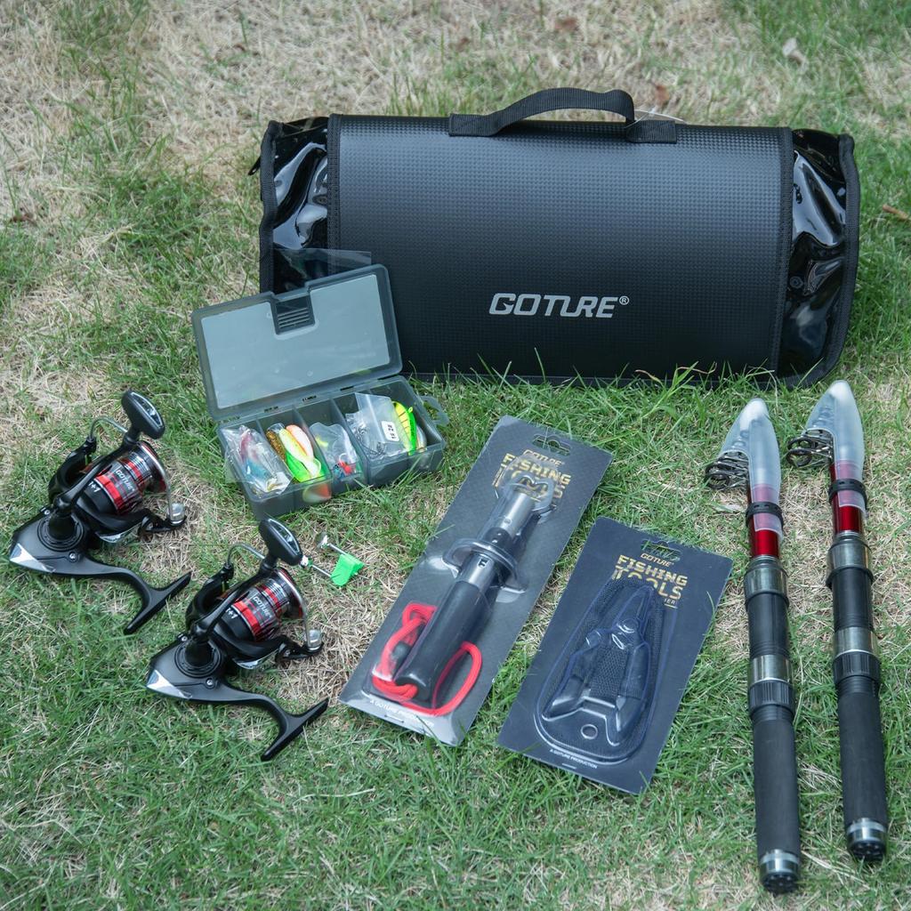 Goture Angelset 2,7M Carbon Teleskop-Angelruten, 2 Spinnrollen und 2 Spulen Nylonschnur [Neue & Verbesserte Qualität] Inklusive Köder