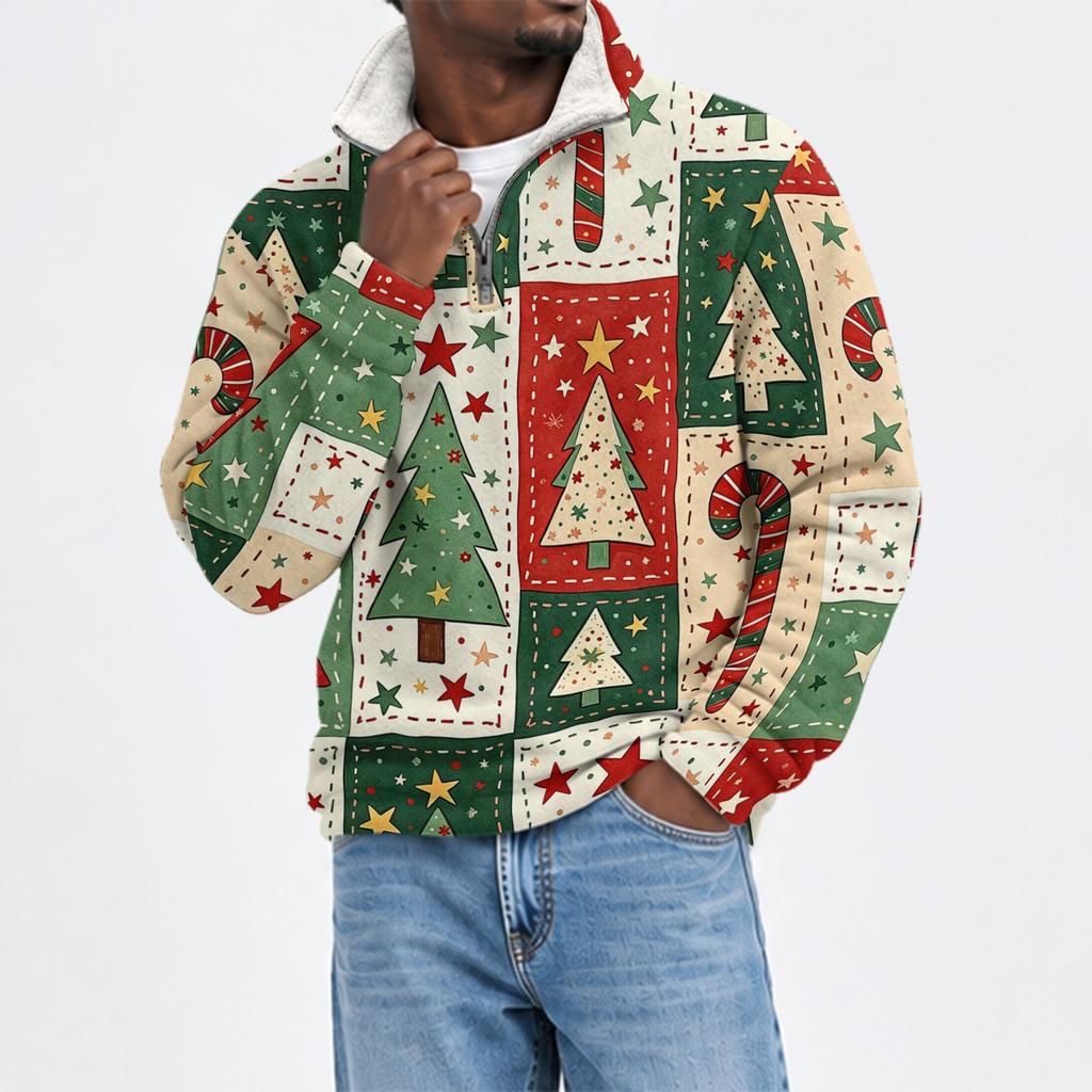 Herren Flanell Sweatshirt mit Stehkragen und Weihnachtsdruck für Freizeitkleidung an den Feiertagen