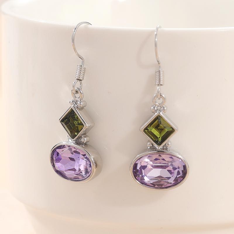 Vintage Geometric Inlaid Green Purple Synthetic Zircon Dangle Earrings for Women Bohemian Style Banquet Jewelry Accessories Gift