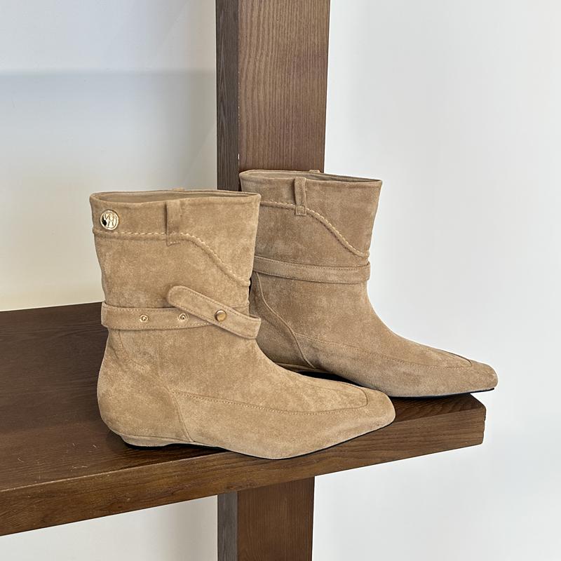 Fashion SUOJIALUN 2025 New Brand Women Short Boots Shoes Fashion Low Wedge Heel Slip On Mid-Calf Boots Shoes Round Toe Dress Pumps Shoes