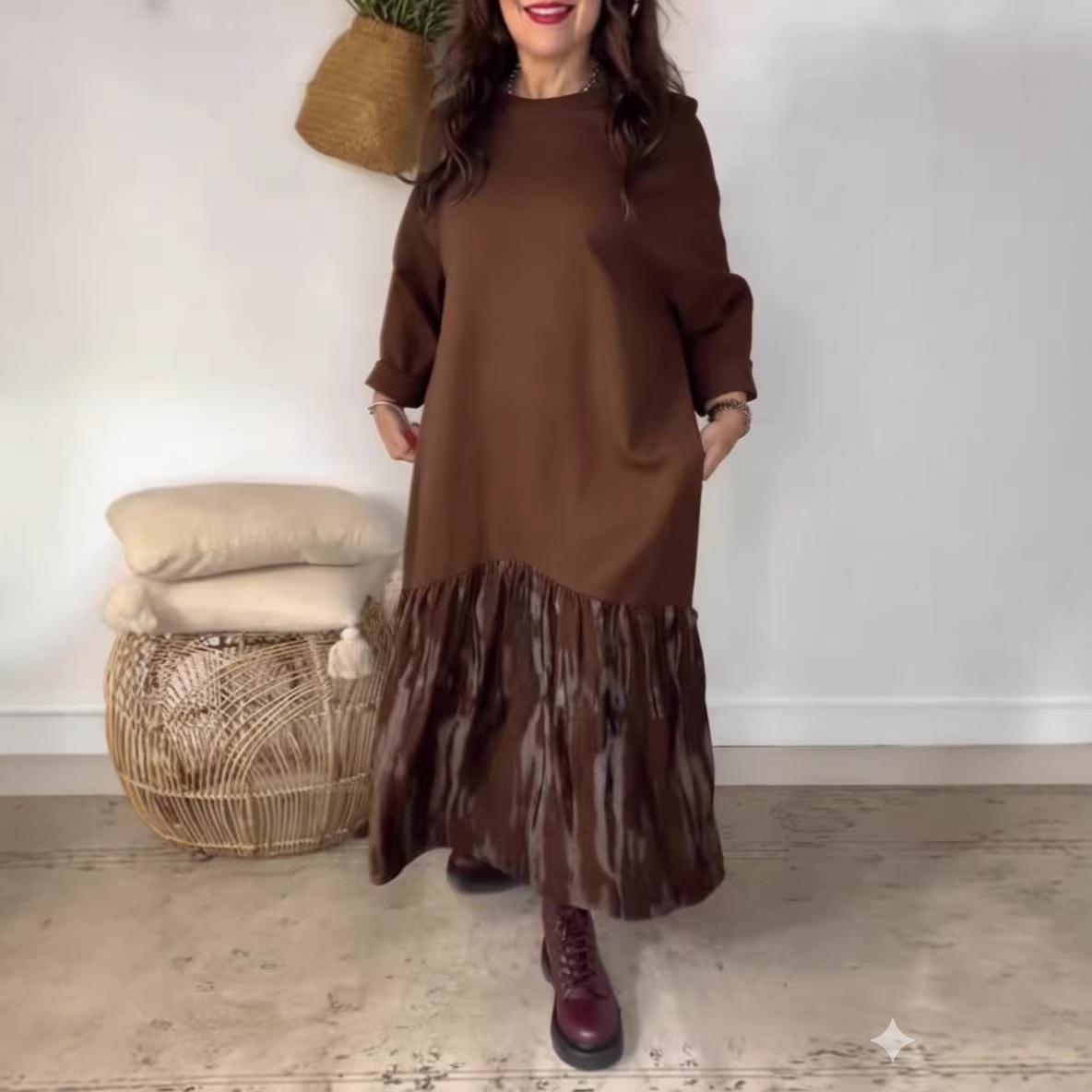 2026 Spring Tie-Dye Patchwork Loose Pleated Long Dress XXXL темно-коричневого
