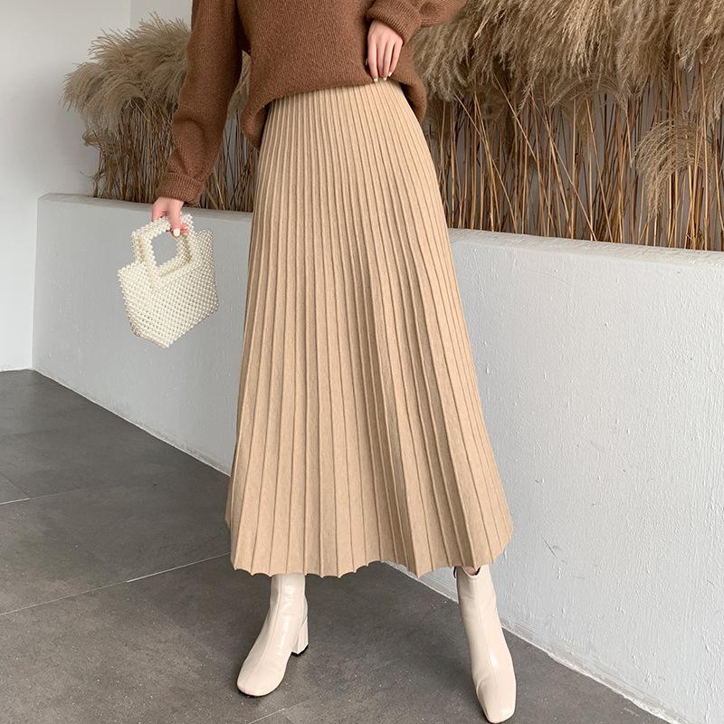 

Трикотажные длинные юбки-миди женские с эластичной резинкой на талии, элегантные, осенне-зимние, трикотаж трапециевидной формы, полосатая повседневная винтажная юбка One Size хаки