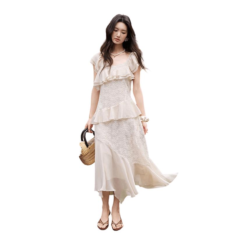 French Style Lace Chiffon Ruffled Cap Sleeve Midi Dress M абрикосовый