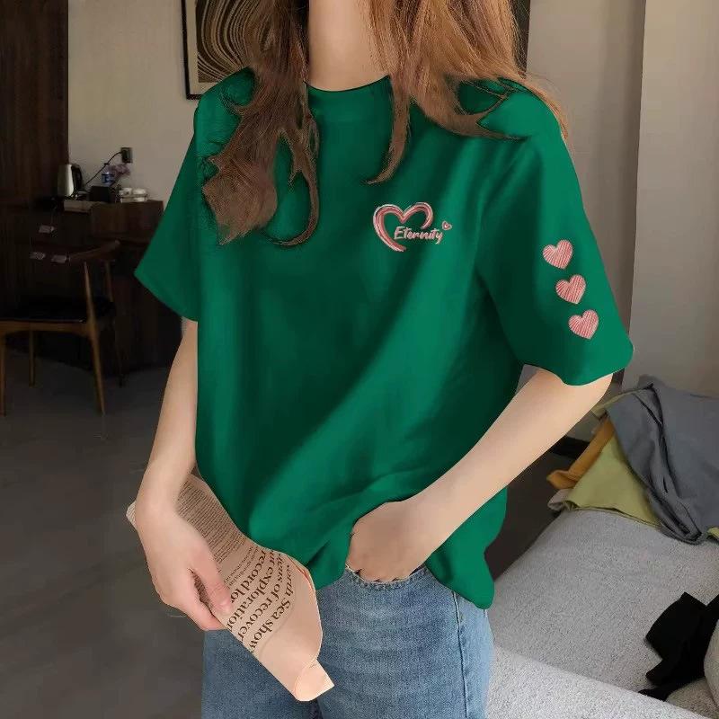 Women's Round Neck Short Sleeve Printed Loose Fit Korean Casual T Shirt Basic Top with Heart Graphic for Spring Daily Wear
