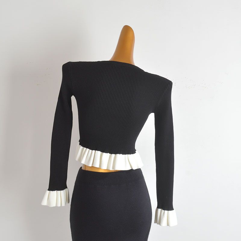 French Style Vintage Ruffled Splicing Knitwear Women's Spring & Fall New Arrival Silm Slimming and Short Pullover Bottoming Shirt Tops