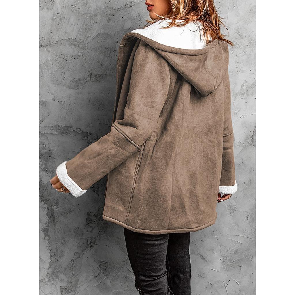Winter Women's Mid-Length Shearling Coat, Detachable Faux Fur Collar Jacket With Pockets, Simple Pure Color Casual Buttoned Cardigan For Daily Wear