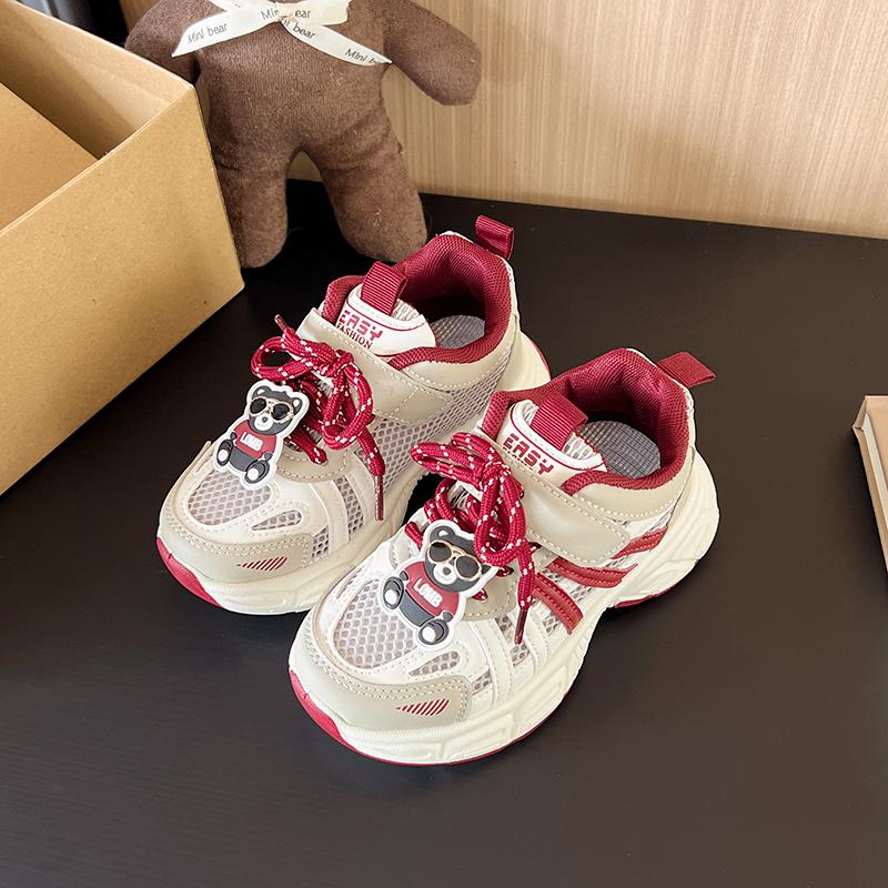 Kids Sneakers Breathable Mesh Hook&loop Boys Girls Running Shoes Cute Bears 2025 New Fashion Children Sports Shoes Soft Sole