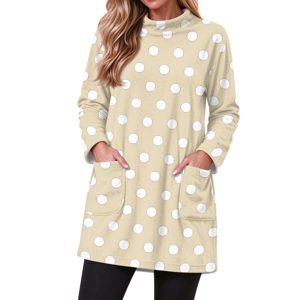 Women's Casual Flannel Polka Dot Print Pullover Top Long Sleeve Round Neck with Pockets