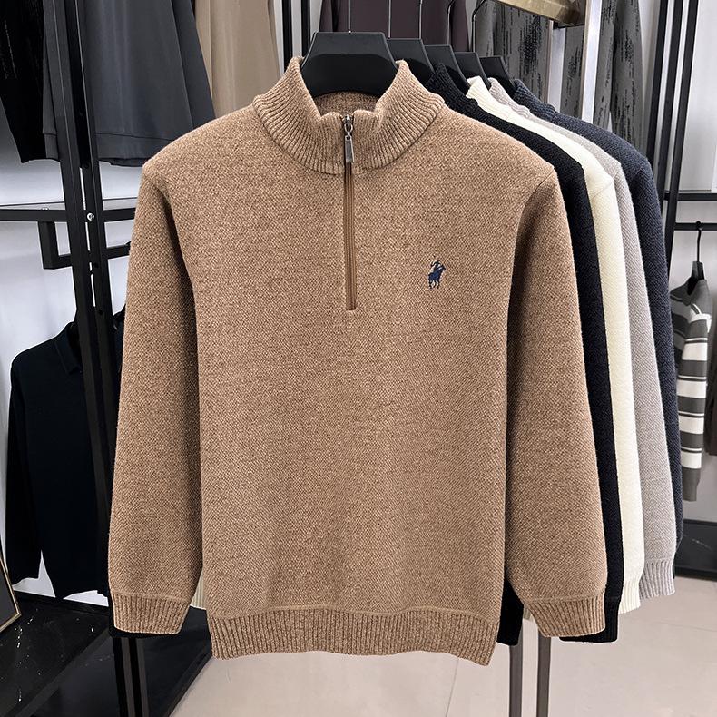 Men's Winter Embroidered Pony Logo Fleece Sweater - Semi-High Neck, Thick Knit