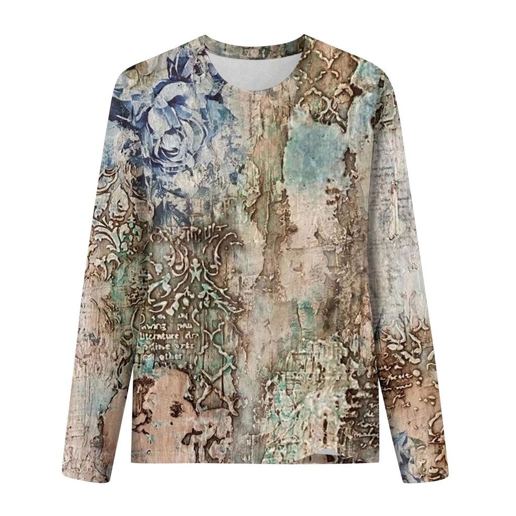 Women's Fashion Casual LongSleeve Print Round Neck Pullover Top Blouse
