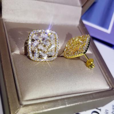 New Korean Style Fashionable Super Flash Square Diamond Set Earrings Geometric Girlish Temperament Zircon Earrings