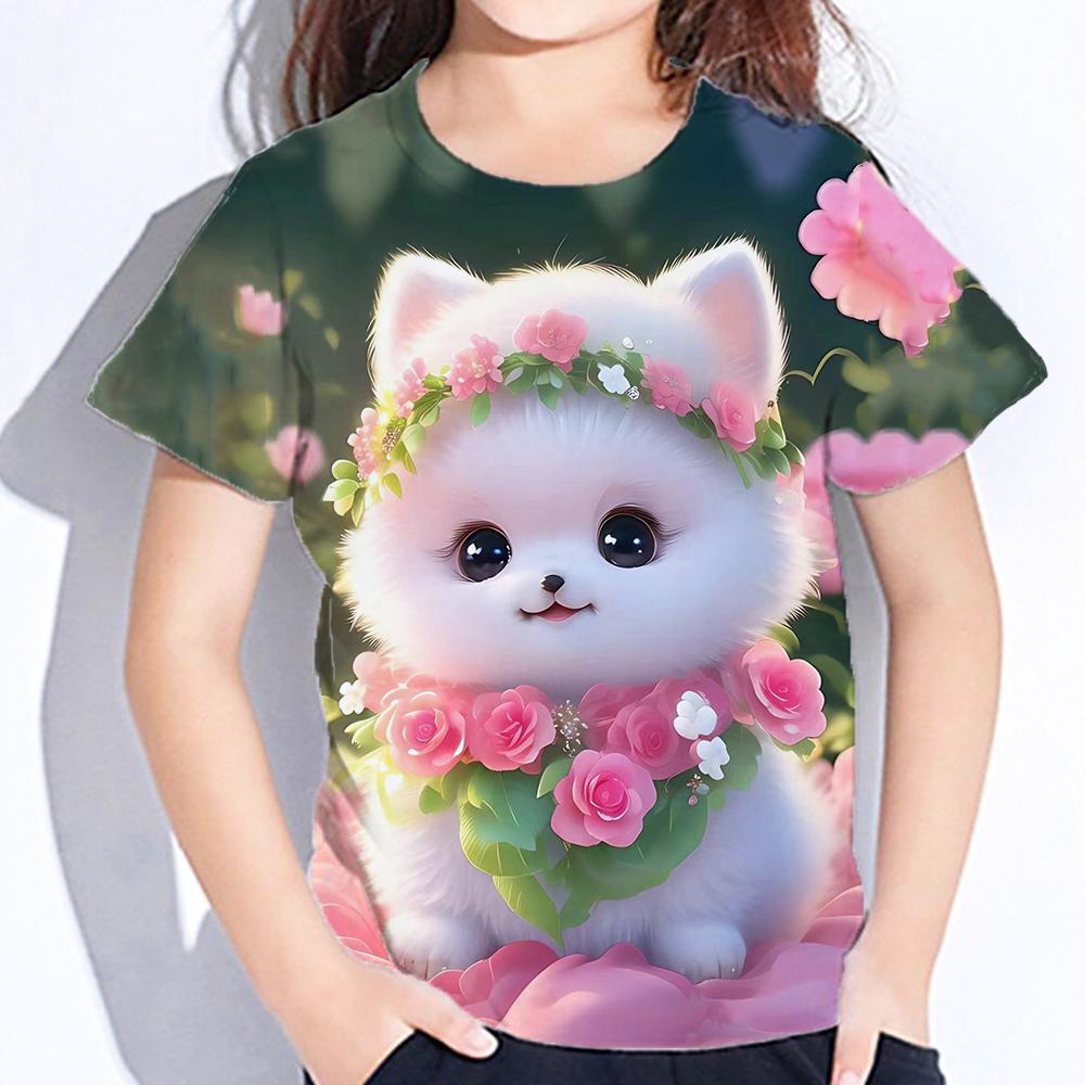Detské Oblečenie Blúzka pre Dievčatá Kawaii Mačička Krátky Rukáv Tričko Potlač Chlapčenské Oblečenie Polyester Dievčenské Tričko Detské Tričko