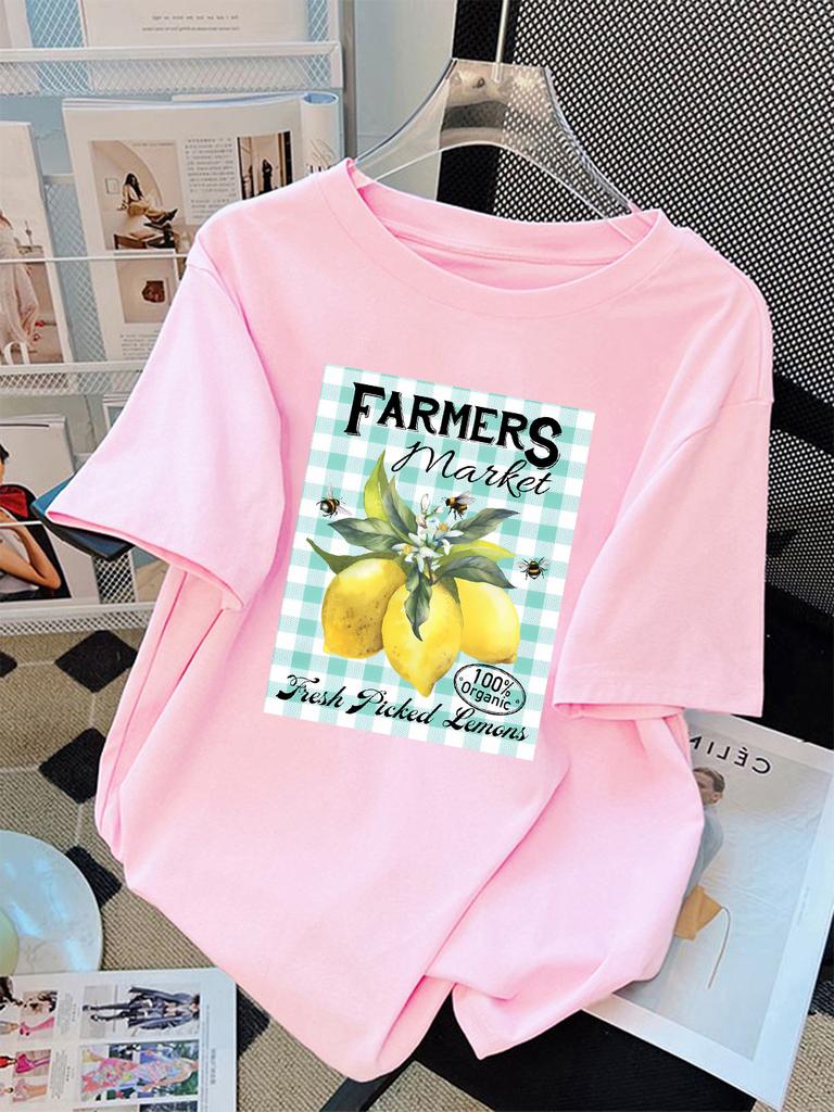 100 Cotton Summer TShirts Womens Farmers Market Fresh Picked Lemons Print Tops Loose Soft ONeck T Shirt Street Womans Clothes
