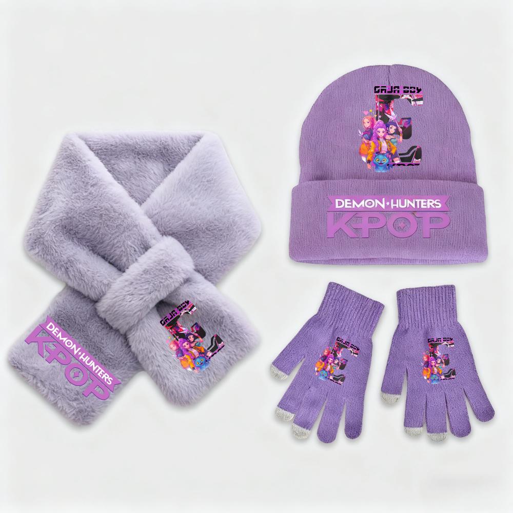 3Pcs KPop Demon Hunters Collection Fashion Kids' Clothing Designed for Girls - Warm Knit Hat Scarf Plus Gloves - Cold Season Casual Birth Date