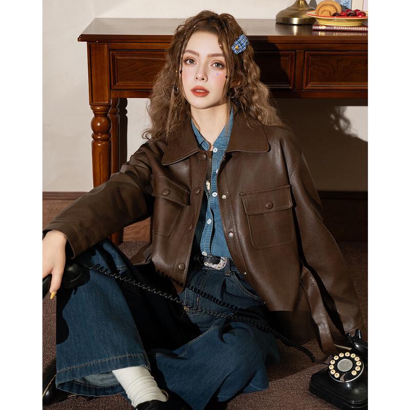 ET BOITE Women's Retro Loose Casual Faux Leather Jacket