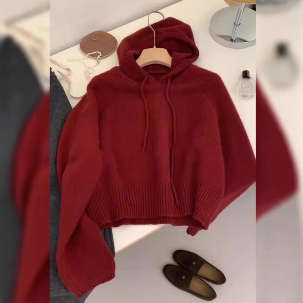 Women's Chic Red Retro Wool Hooded Sweater
