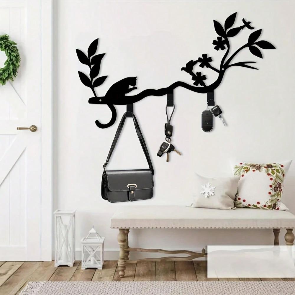 Bohemian Style Cat Key Holder Wall Hooks Bird Perch Key Organizer Metal Art Home Decor
