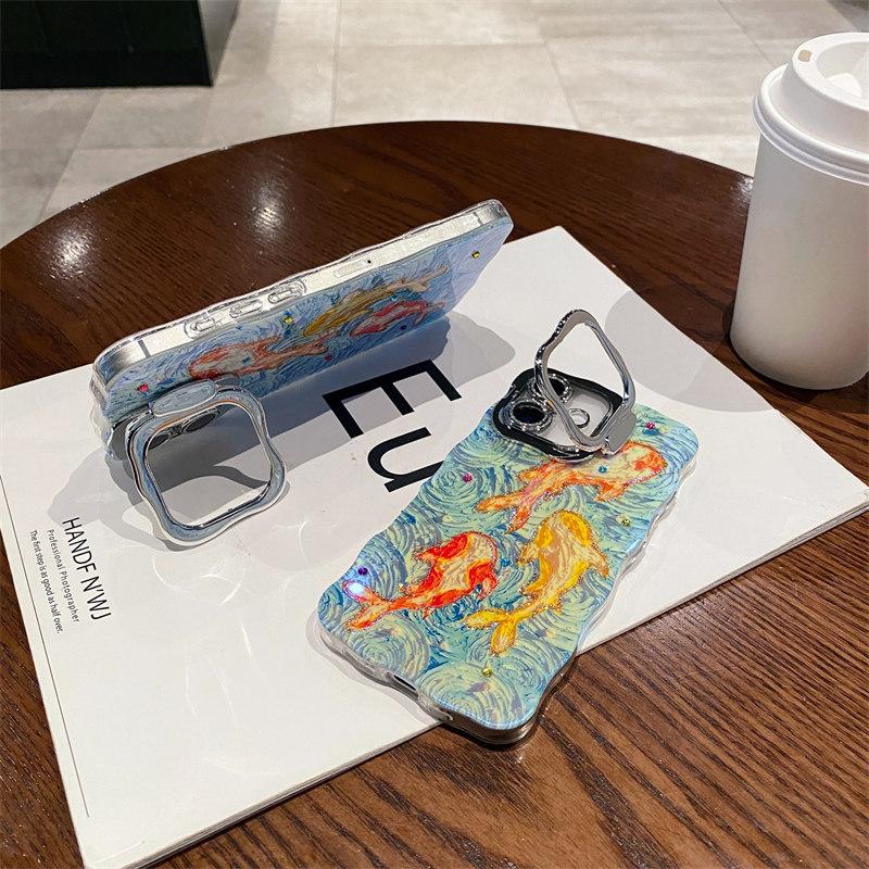 Luxury Fashion Flash Powder Lens Film Koi Diamond Phone Case for iPhone 16 Pro Max 15 14 Plus 13 12 11 Invisible Stand Full Cover Protective Cover