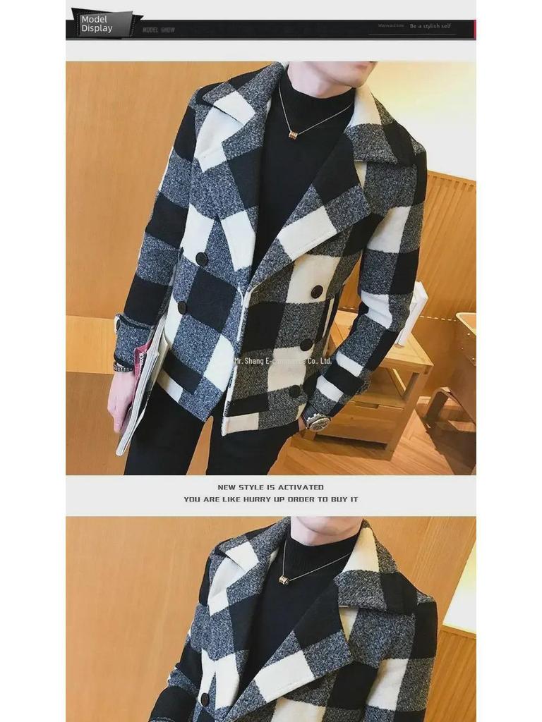 Men's 2022 Korean Style Plaid Woolen Short Coat - Trendy & Handsome for Autumn/Winter