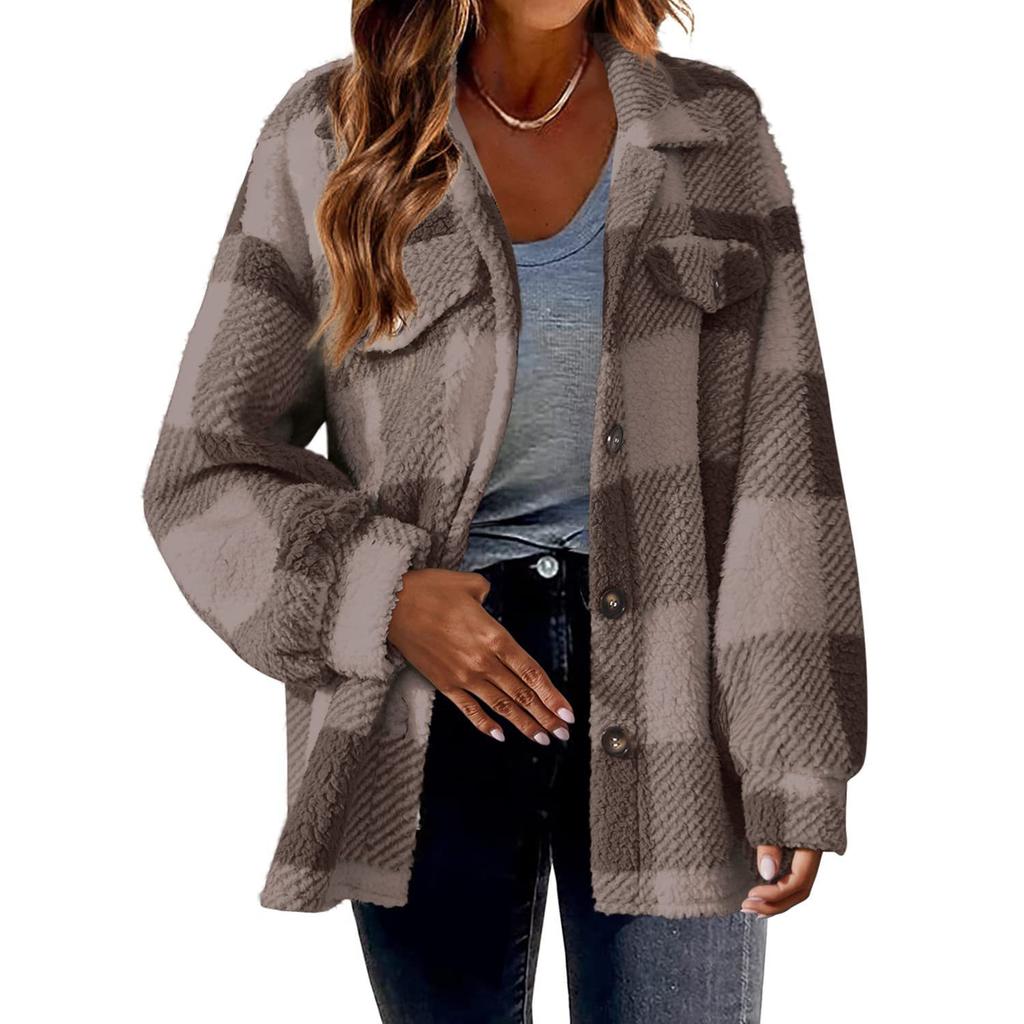 2025 Plaid Teddy Fleece Jacket - Button-Front Cocoon Fit W/ Utility Pockets, Cabin-Ready Sherpa Coat for Errands to Apres-Ski