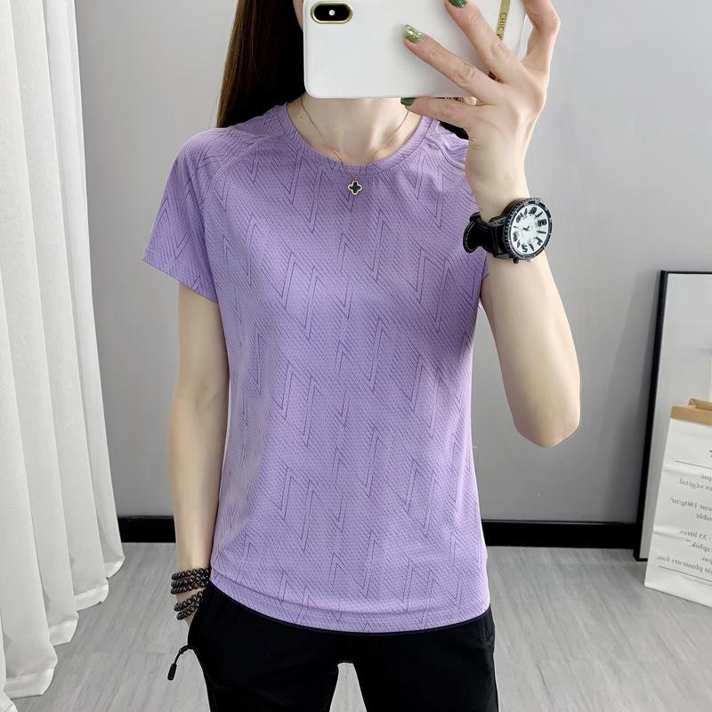Women's Quick-Dry Mesh Printed Sports T-Shirt - Summer Round Neck, Short Sleeve, Sweat-Wicking, Ice Silk Fabric for Running & Fitness