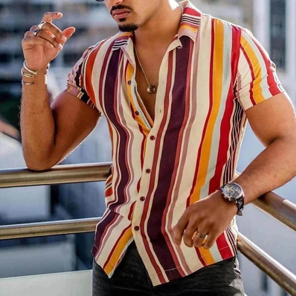 New Summer Men Clothes Short Sleeve Stripe Shirt Tops Men Casual Beach Shirt Tops