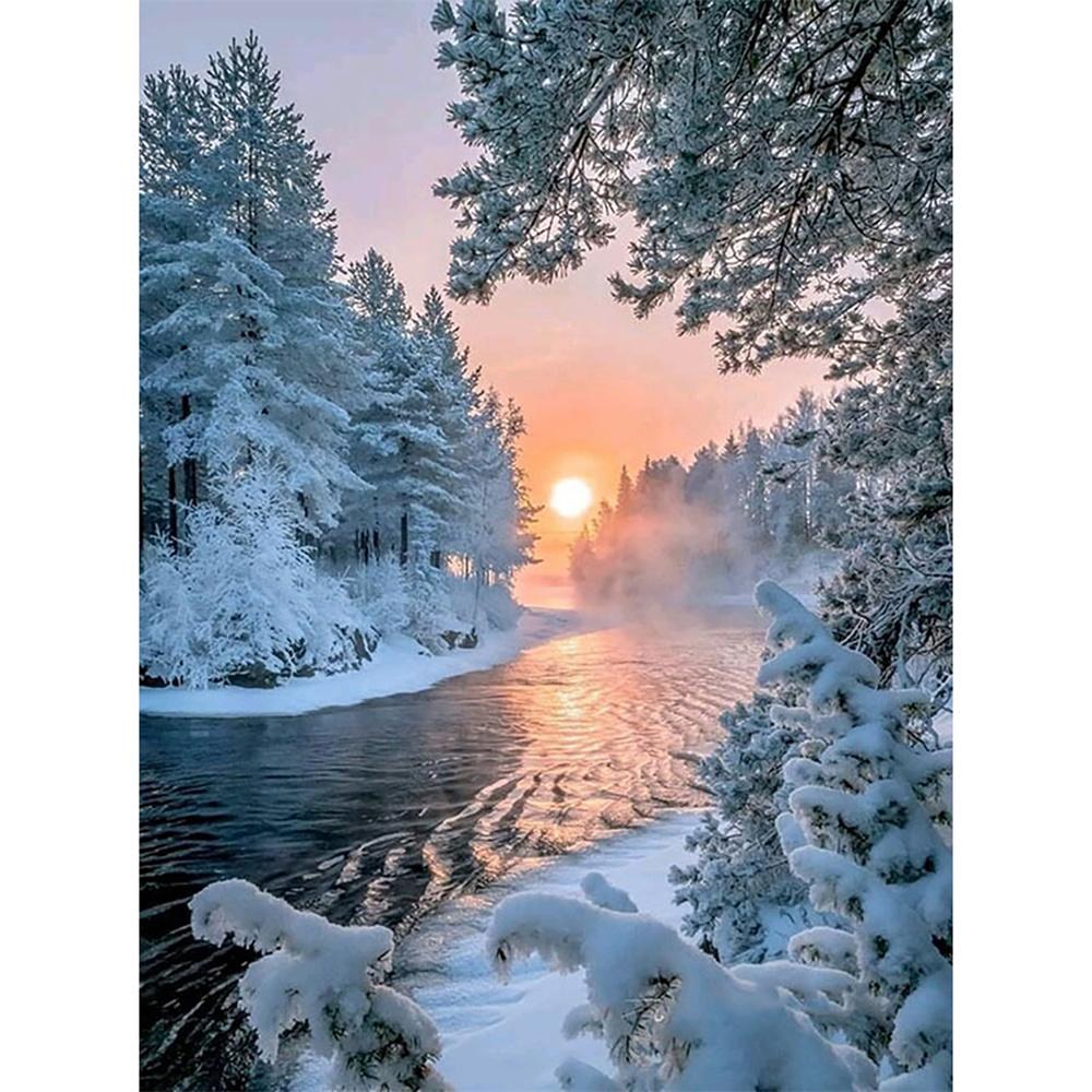 DIY Diamond Painting Snow Diamond Mosaic Landscape Sunset Embroidery Rhinestone Full Round Diamond Cross Stitch Home Gift