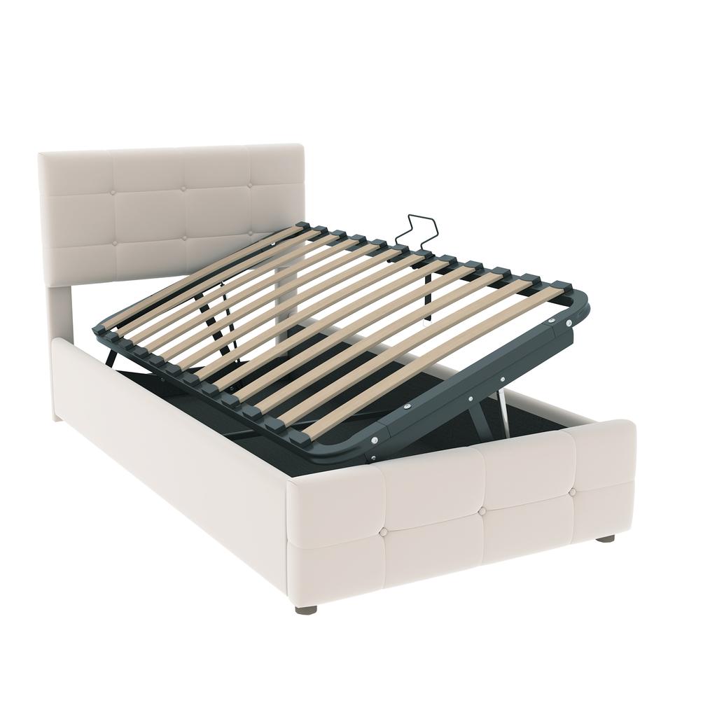 Upholstered Bed Children's Bed 90x200 Cm, Hydraulic Storage Bed, Height-Adjustable Headboard, Single High Box Bed, Velvet Fabric, Beige