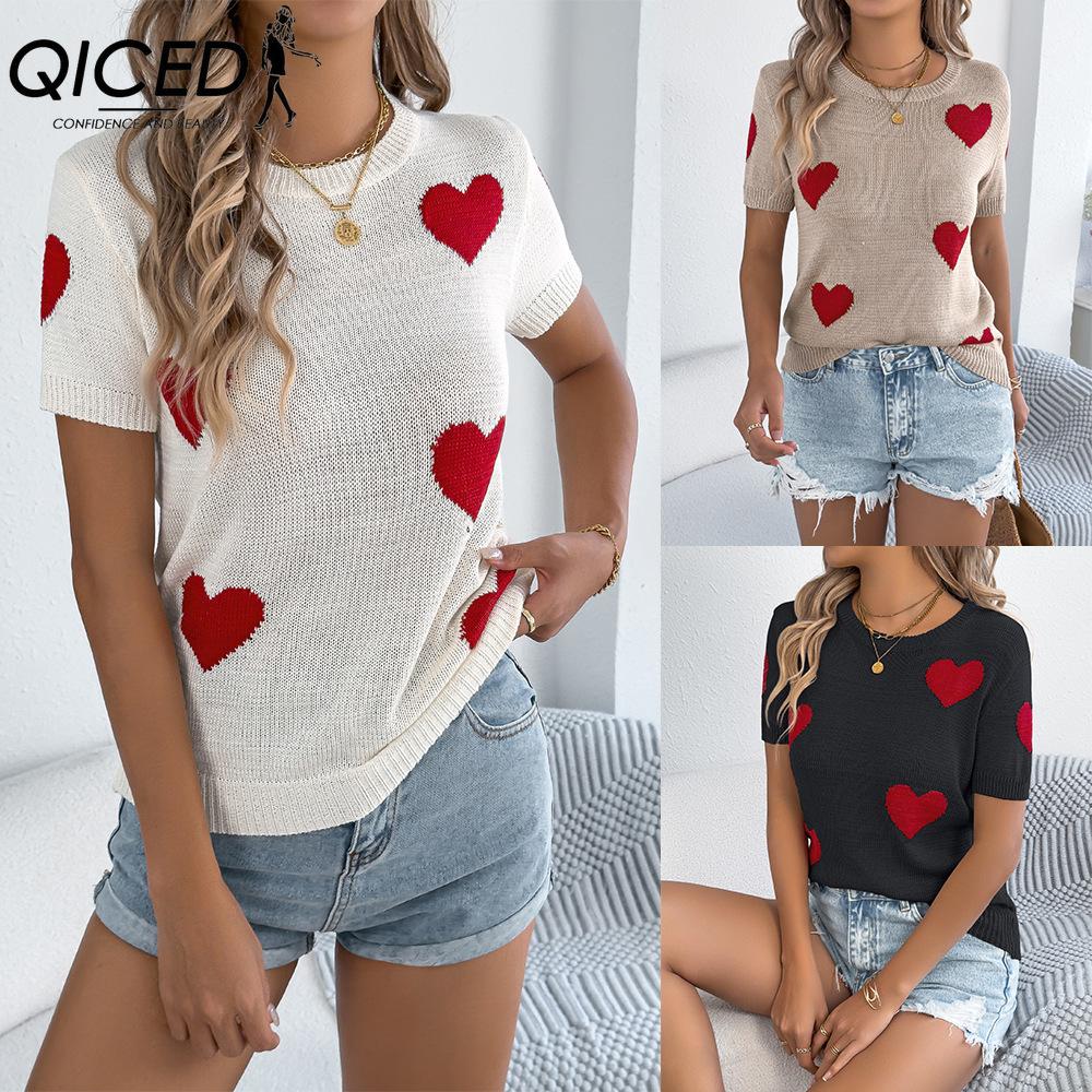 QICED Spring Summer Casual Color-blocking Heart-shaped Short-sleeved Knitted Sweater for Valentine's Day Women's Wear