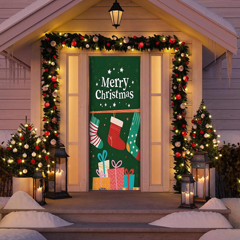 Christmas Front Door Covers New Year Outdoor Door Cover Decoration Christmas Party Front Door Background Decoration Supplies