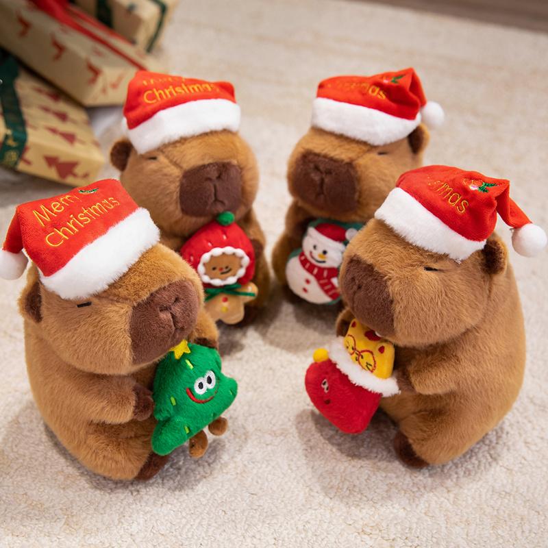 Kawaii Capybara Plush Toy New Year Red Hat Capibara Anime Doll Santa Hat and Tree Stuffed Christmas Gift Sleep Companion