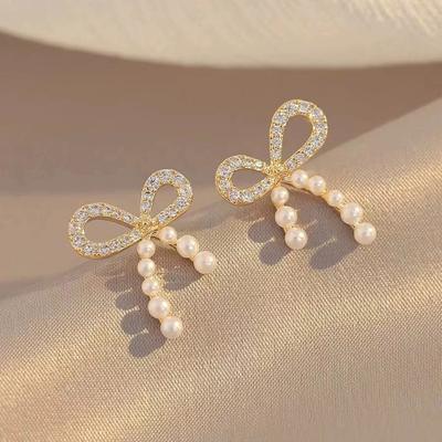 Trendy sladká roztomilá perlová mašlička Sterling Silver S925 napichovací náušnice Dámské Niche High Sense