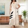 Women Plus Size Round Neck Keyhole Cutout Short Sleeve Leaves Printed Maxi Dress