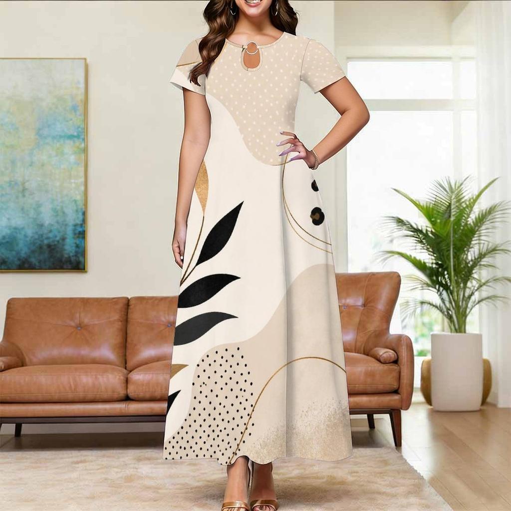 Women Plus Size Round Neck Keyhole Cutout Short Sleeve Leaves Printed Maxi Dress