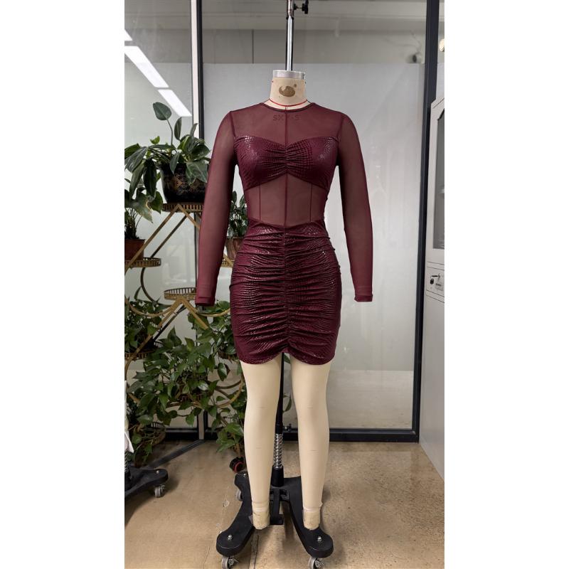 Burgundy Mesh Sheer Panel Mini Dress Long Sleeve Shiny Glitter Ruched Bodycon Sexy Transparent Tulle Patchwork Nightclub Evening Party Short Gown