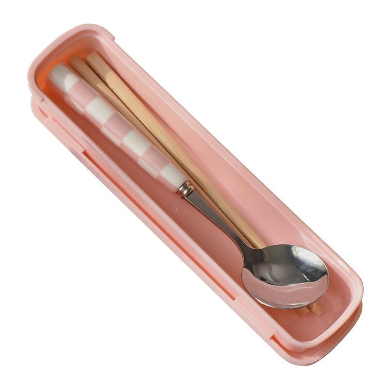 High-Value Portable Stainless Steel Chessboard Cutlery Set: Spoon & Chopsticks with Storage Box for Students