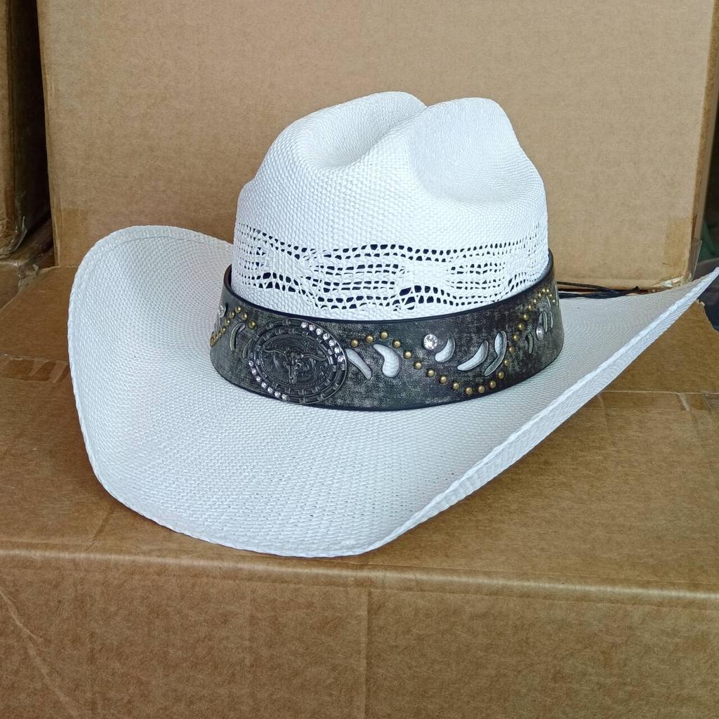 Straw Cowboy Hat Wide Brim Bull-Hide Bangora Women Pasture Straw Hat Cowboy Comfort Band Solid Summer Sombrero