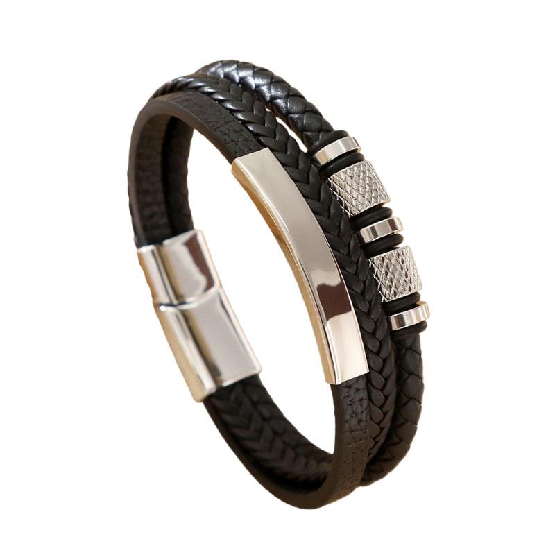 Herrarmband i flätat läder, flerskiktad design med texturerade legeringsdetaljer, Streetwear-manschettarmband, Ny trendig punkig, edgy stil
