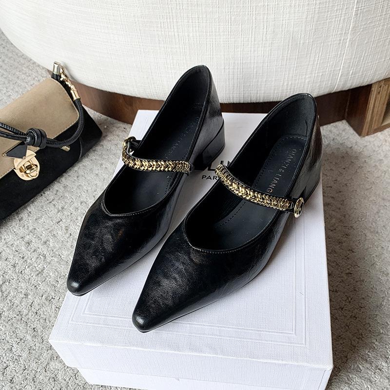 Spring and Autumn New French Retro Thick Heel Chain Mary Jane Women's Single Shoes Pointed Shallow Mouth One-word Buckle Granny Shoes