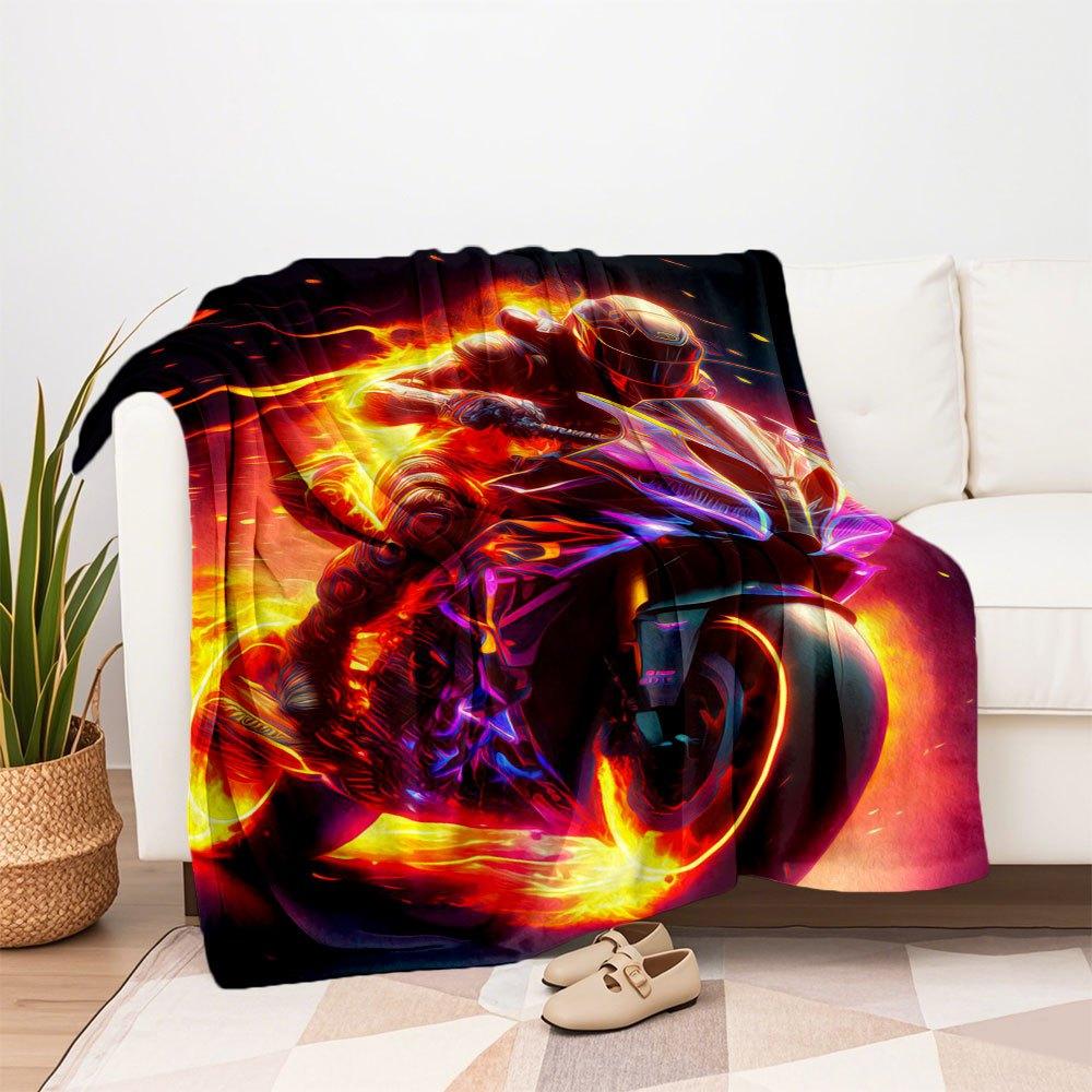 "Flaming Speed: Neon Motorcycle Art Print"Blanket Flannel Throw Blanket for Sofa, Bed, Travel, Camping, Office, Couch, Chair, And Bed Gift f
