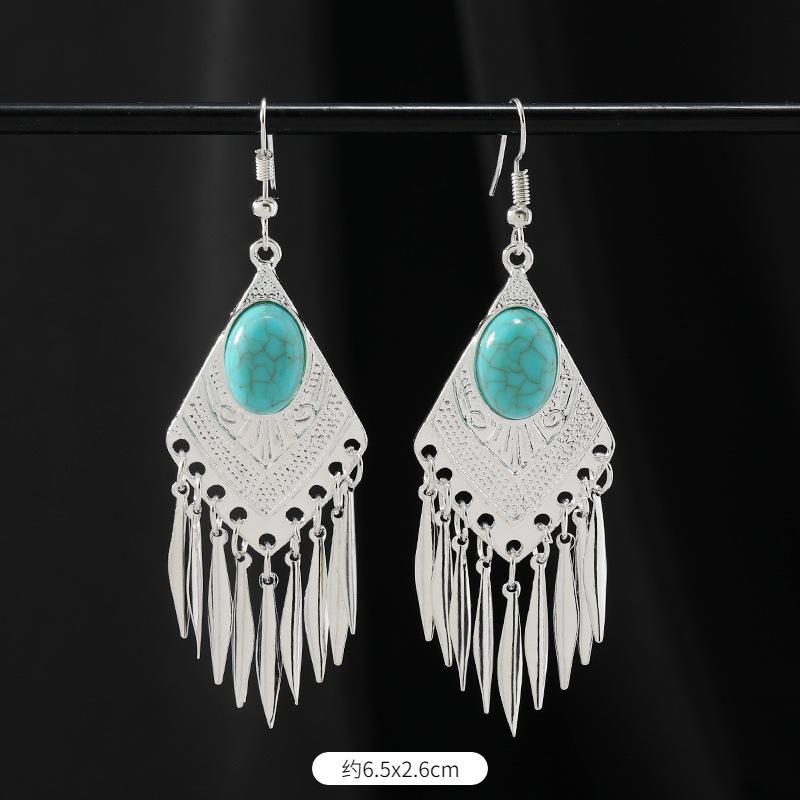 Retro Handmade Miao Silver Fringed Earrings Inlaid Turquoise Long Earrings Female Exotic Yunnan Dance Earrings