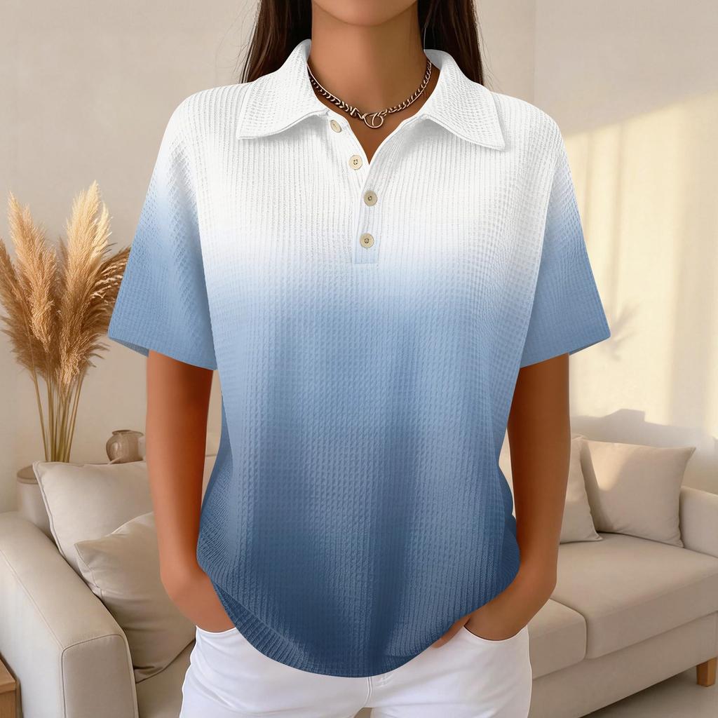 Polo Décontracté à Manches Courtes pour Femme en Tricot Gaufré Col Boutonné Coupe Ample Haut Léger pour un Usage Quotidien