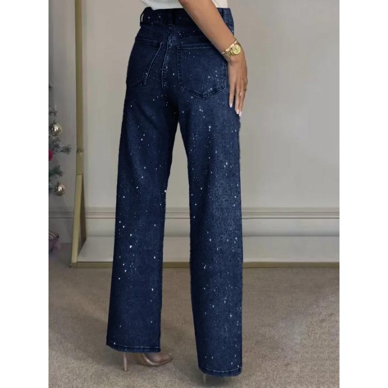 Shiny Rhinestone Jeans Pants Sexy Women High Waist Elegant Night Club Diamonds Denim Straight Trousers