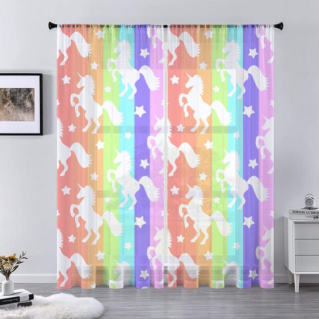 Perdele din tul cu unicorn din desene animate pentru sufragerie, decor dormitor, stea, cu flori, curcubeu, draperii transparente, tratament pentru fereastră de bucătărie