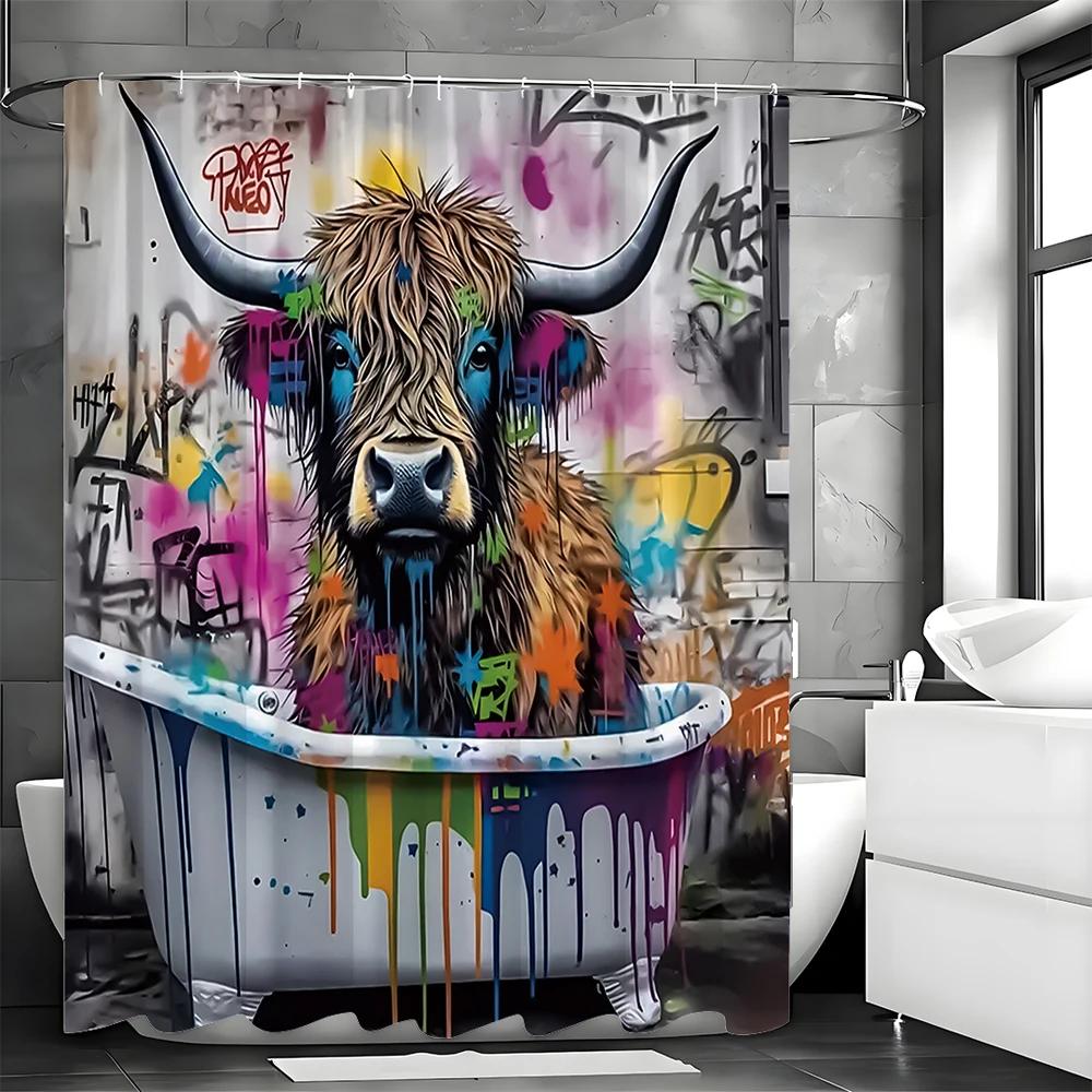 Barevný Moderní Abstraktní Graffiti Kreativní Skotská Kráva Sprchový Závěs, Koupelnový Dekorativní Sprchový Závěs, Vodotěsný Sprchový Cu